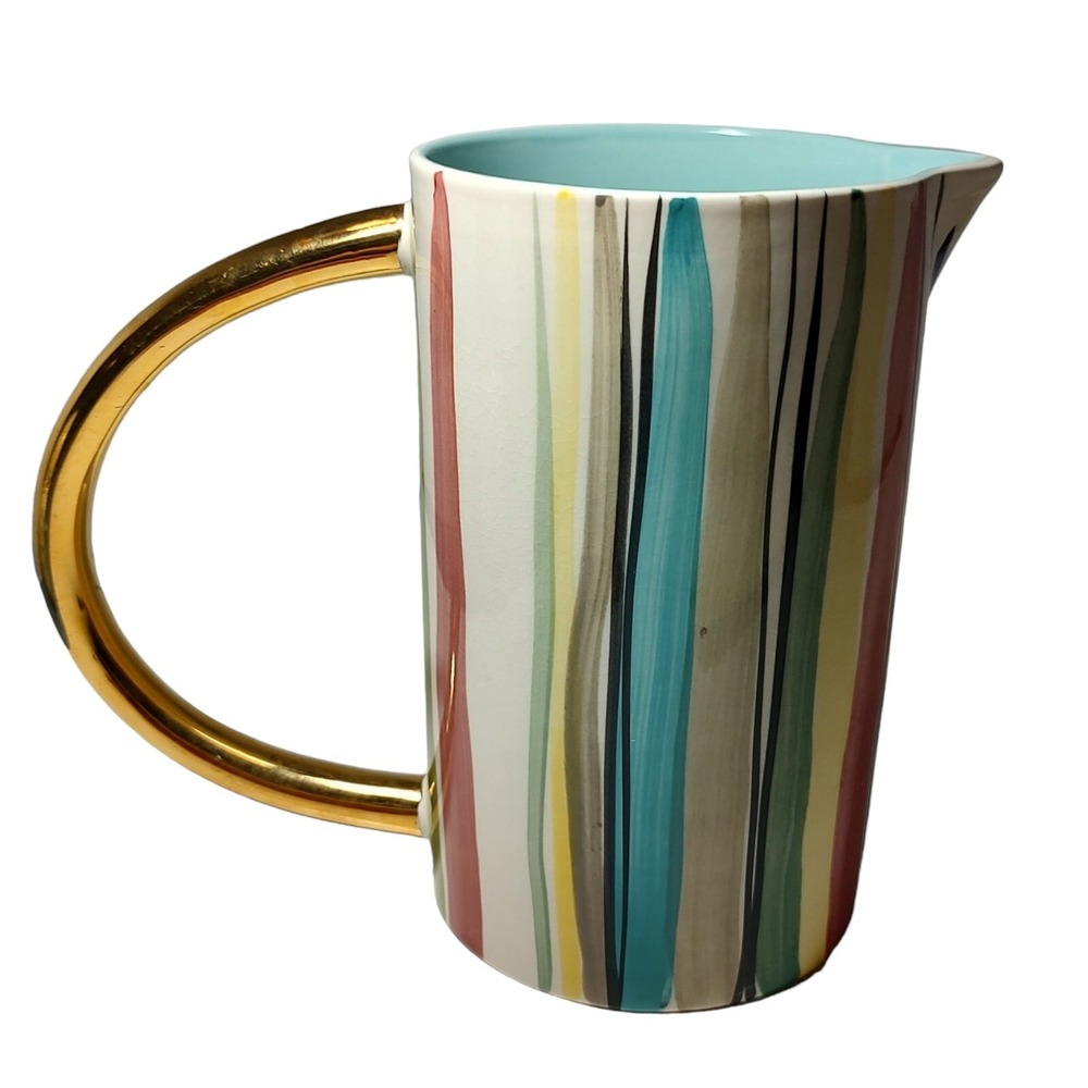 Anthropologie Fliff Carr Striped Pitcher High As The Moon Gold Handle Seven Inch